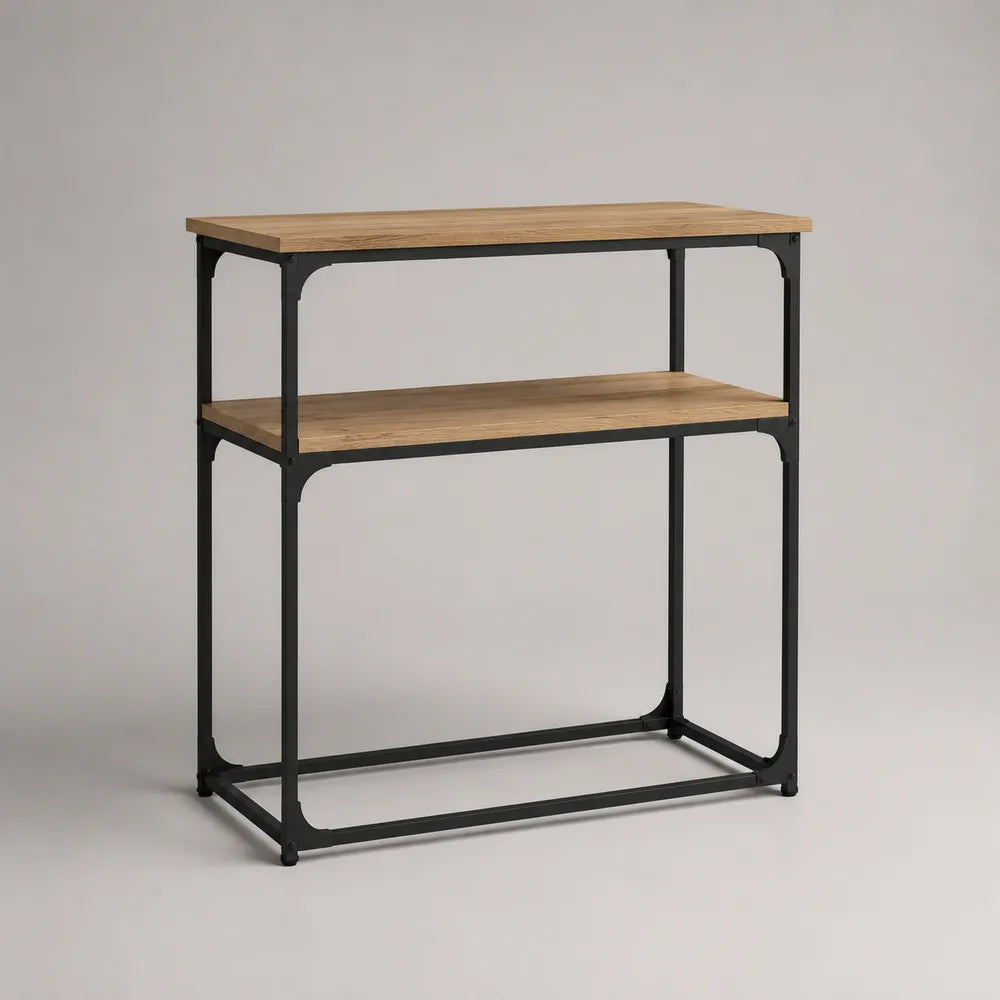 Consolle ingresso in MDF effetto rovere con struttura in acciaio nero e 2 ripiani rettangolare 120x35x80 cm