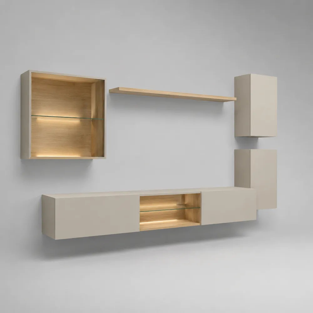 Parete attrezzata TV sospesa in MDF bianco e rovere chiaro con pensili mensola e vani aperti 300x35x190 cm