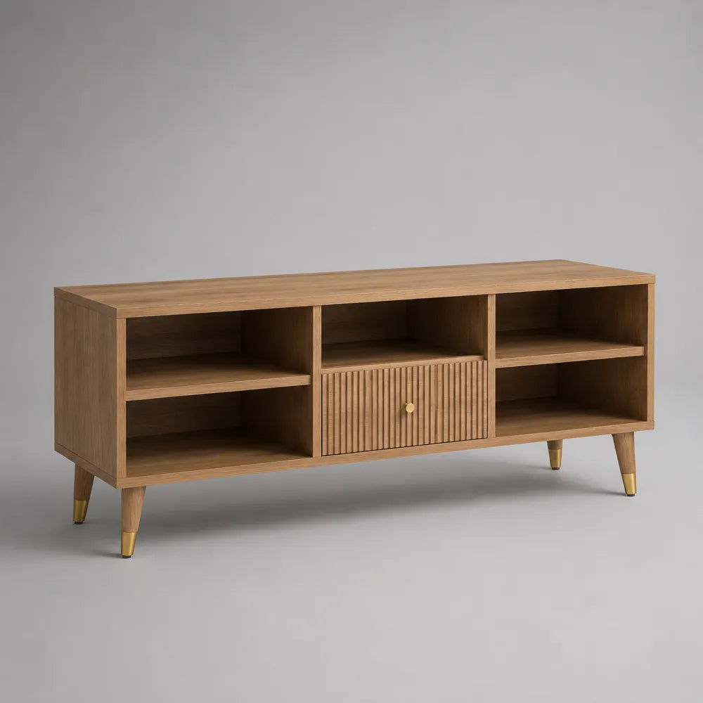Mobile TV rettangolare 180x40x55 cm in MDF effetto rovere chiaro con cassetto e vani aperti gambe in metallo oro