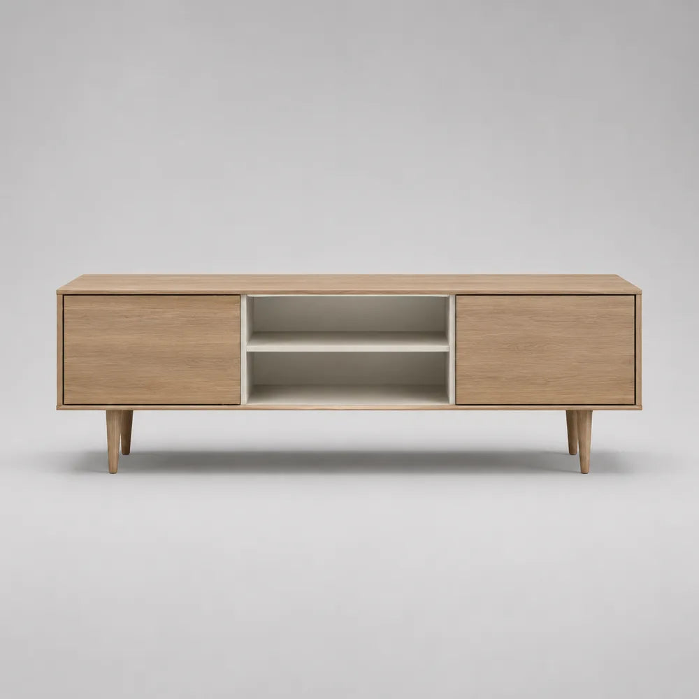 Mobile TV rettangolare in MDF effetto rovere chiaro con ante e ripiani aperti 180 x 40 x 50 cm
