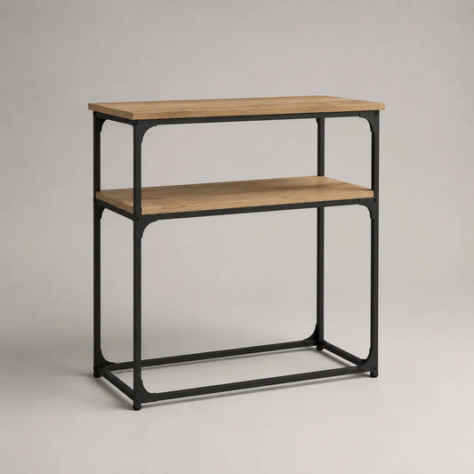 Consolle ingresso in MDF effetto rovere con struttura in acciaio nero e 2 ripiani rettangolare 120x35x80 cm