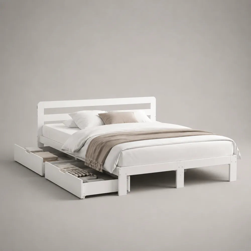 Letto matrimoniale con cassetti contenitore laterali in MDF bianco 160 x 200 cm