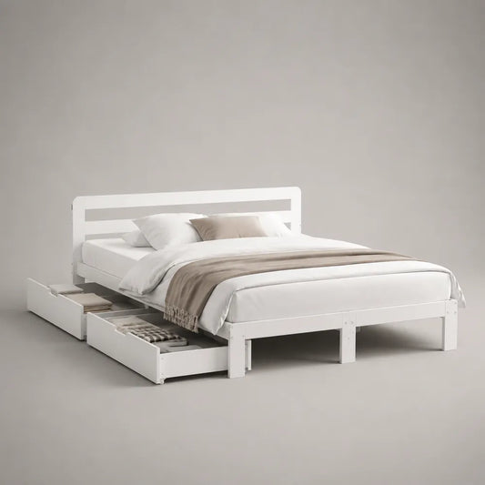 Letto matrimoniale con cassetti contenitore laterali in MDF bianco 160 x 200 cm