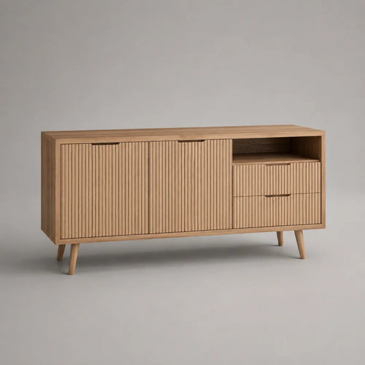 Mobile TV rettangolare in MDF effetto rovere naturale con ante scanalate cassetti e vano aperto 200 x 40 x 55 cm