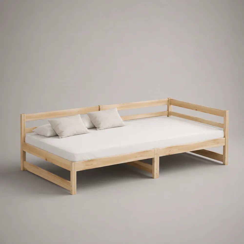 Letto singolo in legno massello naturale con sponda laterale e struttura rettangolare 90x200 cm