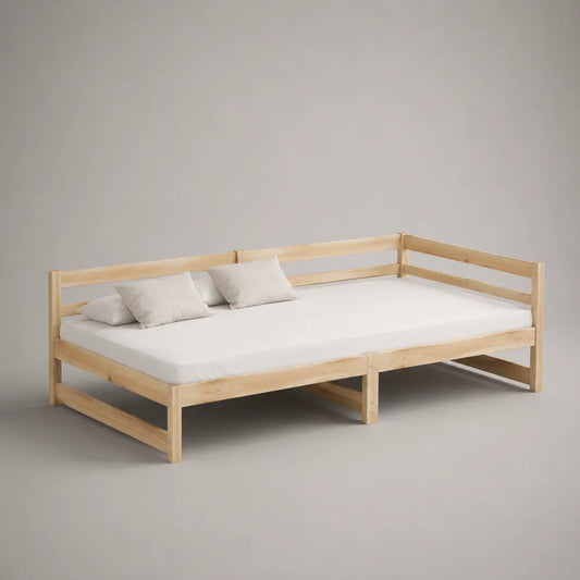 Letto singolo in legno massello naturale con sponda laterale e struttura rettangolare 90x200 cm
