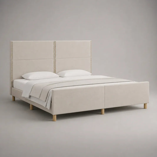 Letto matrimoniale imbottito in tessuto beige con testiera alta e piedini effetto oro 160 x 200 cm