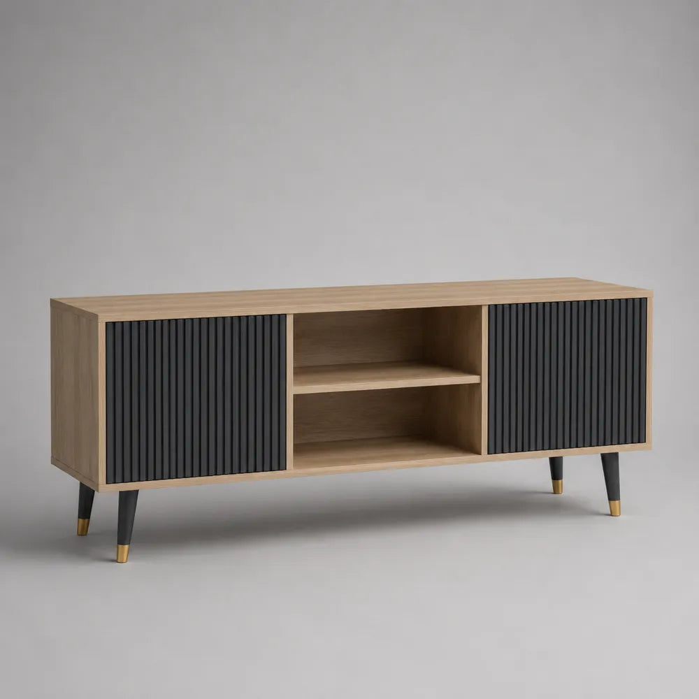 Mobile TV in MDF effetto rovere con ante nere scanalate e vani aperti 180 x 40 x 60 cm