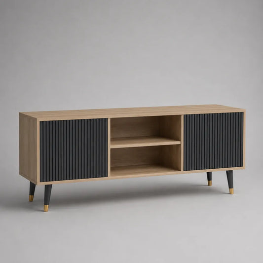 Mobile TV in MDF effetto rovere con ante nere scanalate e vani aperti 180 x 40 x 60 cm