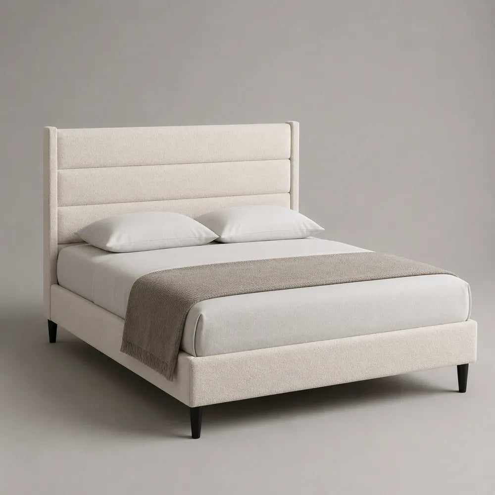 Letto matrimoniale imbottito in tessuto beige con testiera alta rettangolare e piedini neri 160 x 200 cm