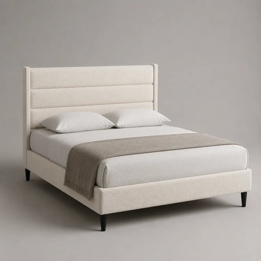Letto matrimoniale imbottito in tessuto beige con testiera alta rettangolare e piedini neri 160 x 200 cm