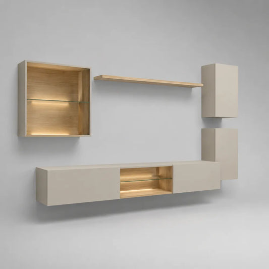 Parete attrezzata TV sospesa in MDF bianco e rovere chiaro con pensili mensola e vani aperti 300x35x190 cm