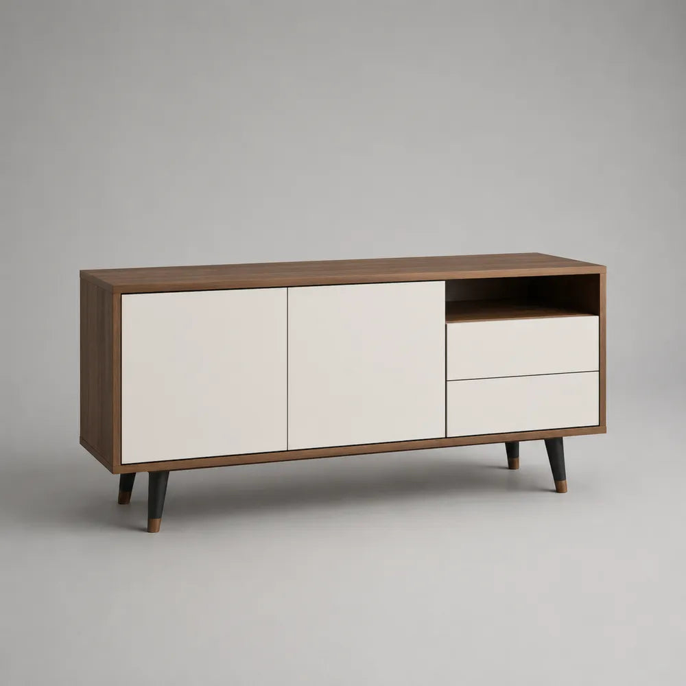 Mobile TV rettangolare in MDF effetto noce con ante bianche cassetti e vano aperto 180 x 40 x 60 cm