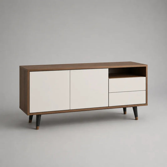 Mobile TV rettangolare in MDF effetto noce con ante bianche cassetti e vano aperto 180 x 40 x 60 cm