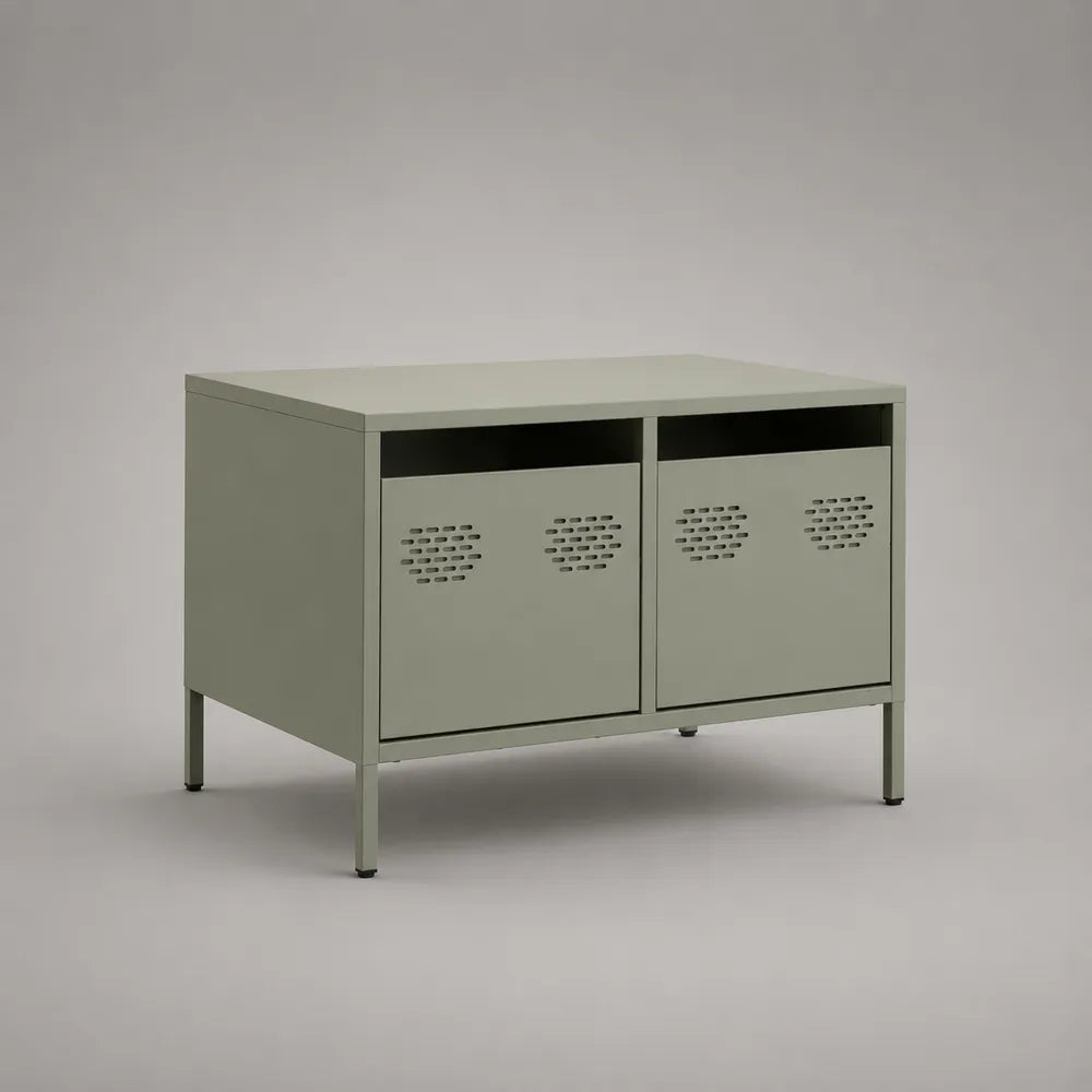 Mobile TV in acciaio verniciato verde salvia con 2 ante e gambe rialzate 120 x 40 x 60 cm