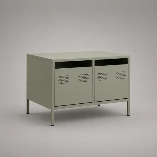 Mobile TV in acciaio verniciato verde salvia con 2 ante e gambe rialzate 120 x 40 x 60 cm