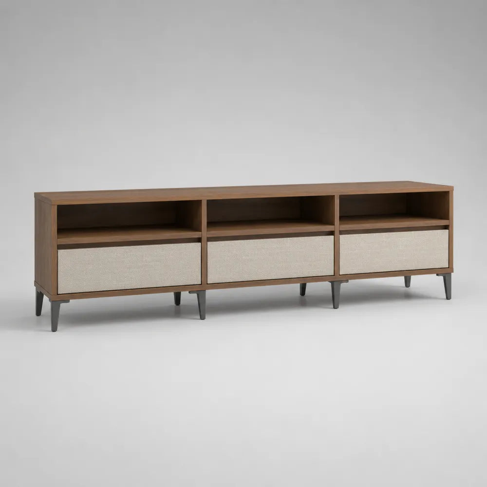 Mobile TV in MDF effetto noce con cassetti in tessuto beige vani aperti e gambe in metallo nero 220x40x55 cm