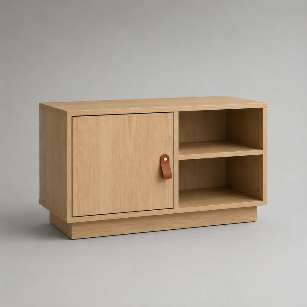 Mobile TV rettangolare in MDF effetto rovere chiaro con anta e ripiani aperti 120 x 40 x 50 cm