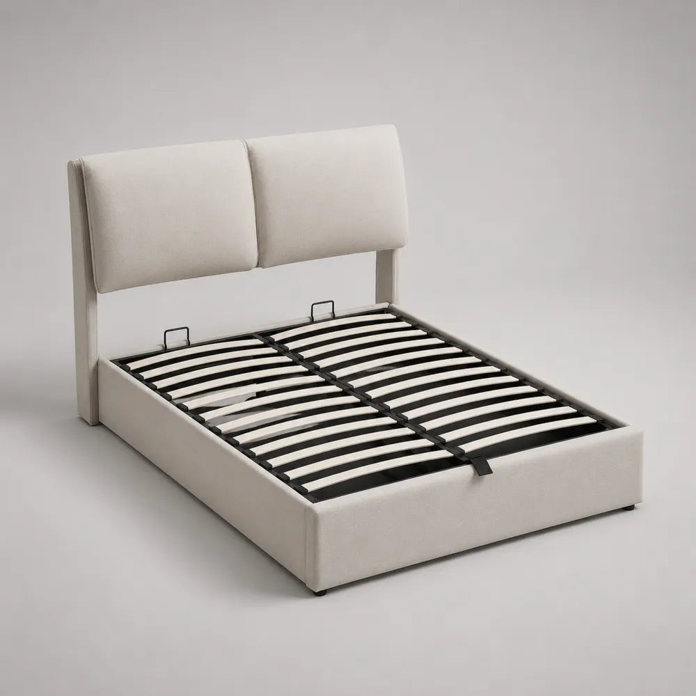 Letto matrimoniale imbottito in tessuto beige con testiera a due pannelli e rete a doghe 160 x 200 cm