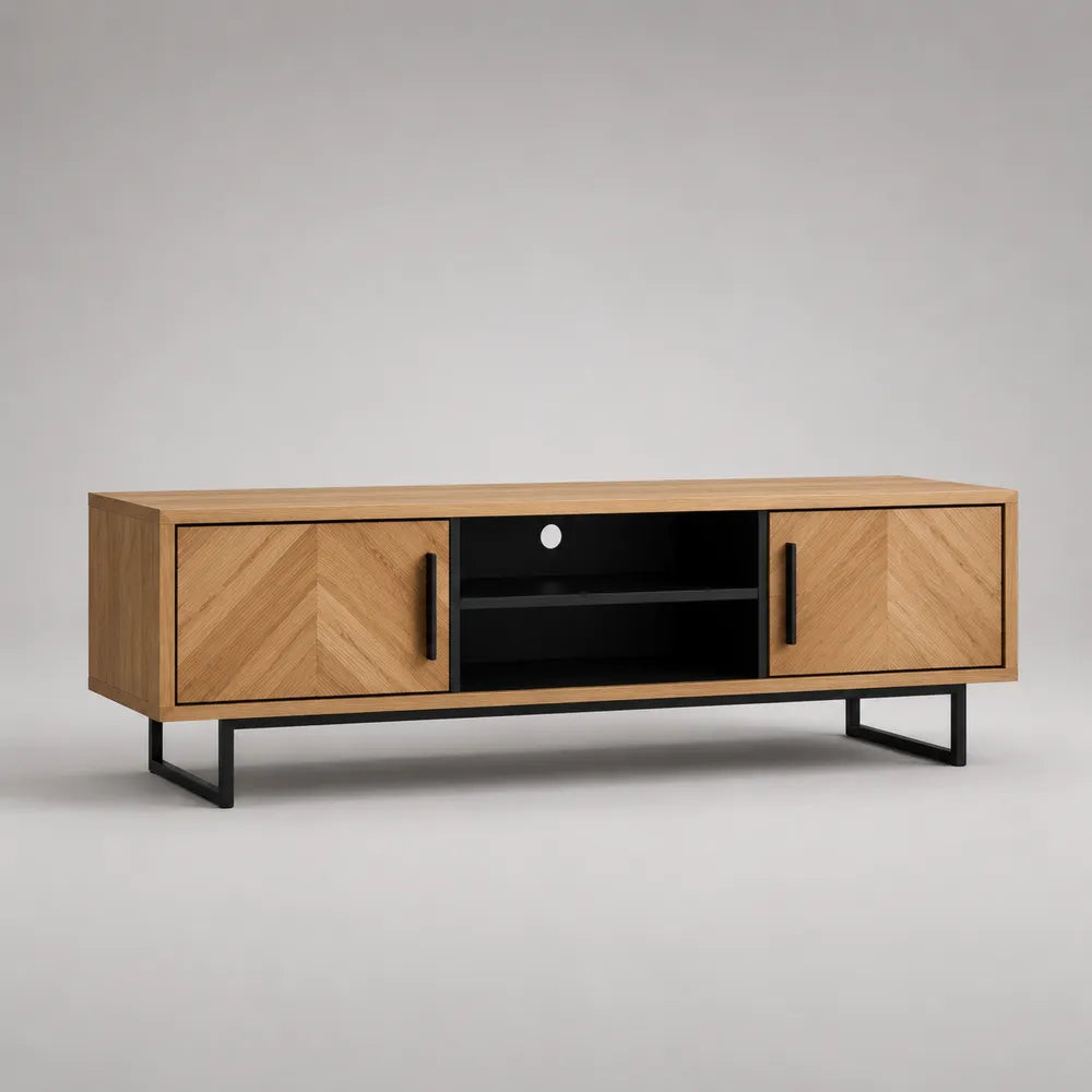 Mobile TV in MDF effetto rovere naturale e nero con ante e vano aperto 180 x 40 x 50 cm