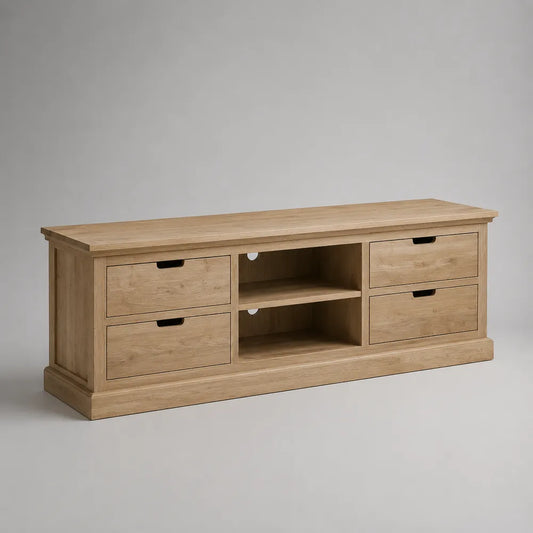 Mobile TV in MDF effetto rovere chiaro con 4 cassetti e vani aperti struttura rettangolare 200x40x55 cm