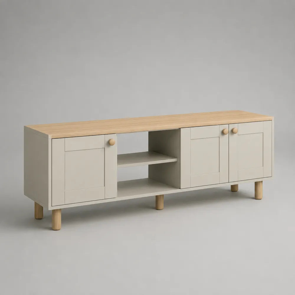 Mobile TV rettangolare 220x40x60 cm in MDF bianco e effetto rovere naturale con ante e vani aperti