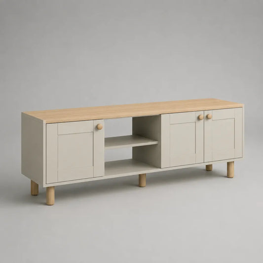 Mobile TV rettangolare 220x40x60 cm in MDF bianco e effetto rovere naturale con ante e vani aperti