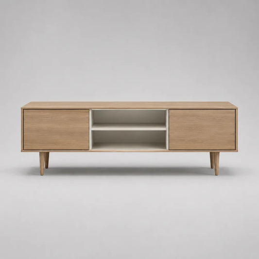 Mobile TV rettangolare in MDF effetto rovere chiaro con ante e ripiani aperti 180 x 40 x 50 cm
