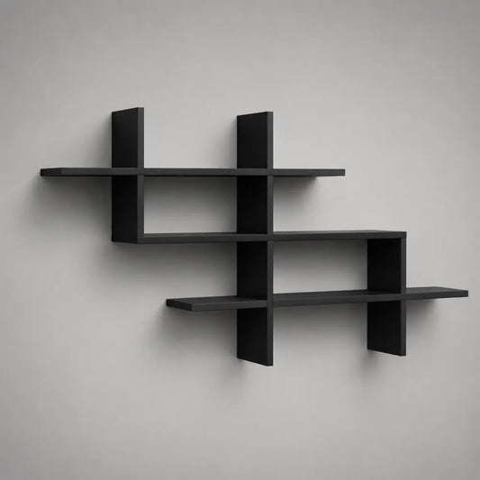Scaffale da parete in MDF nero con ripiani aperti modulari struttura geometrica 160x20x90 cm