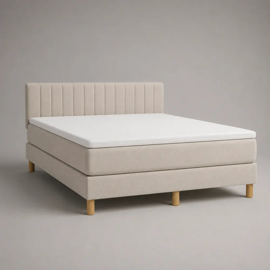 Letto matrimoniale imbottito in tessuto beige con testiera a pannelli verticali 160 x 200 cm