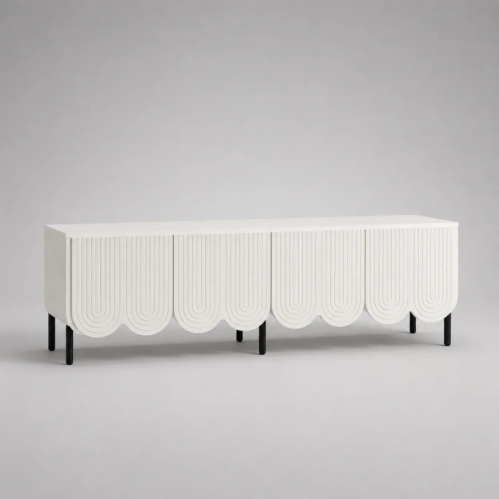 Mobile TV in MDF bianco con ante decorate a rilievo e gambe in metallo nero 220x40x55 cm