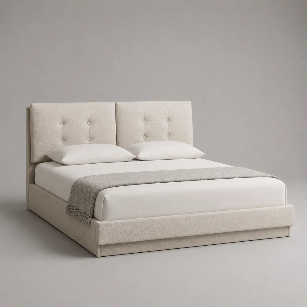 Letto matrimoniale imbottito in tessuto beige con testiera a pannelli trapuntati 160 x 200 cm